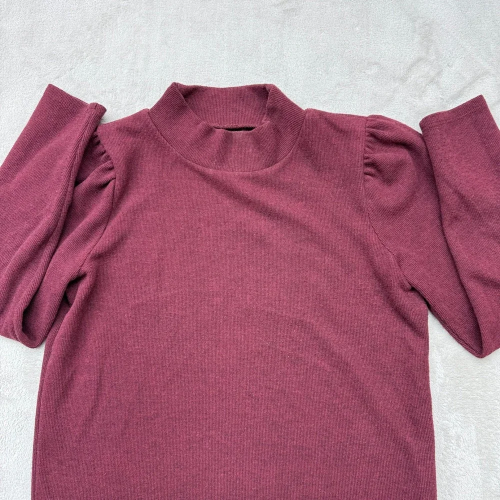 Madewell Shirt Women's Small Mockneck Puff‎ Sleeve Top Burgundy Knit Long Sleeve